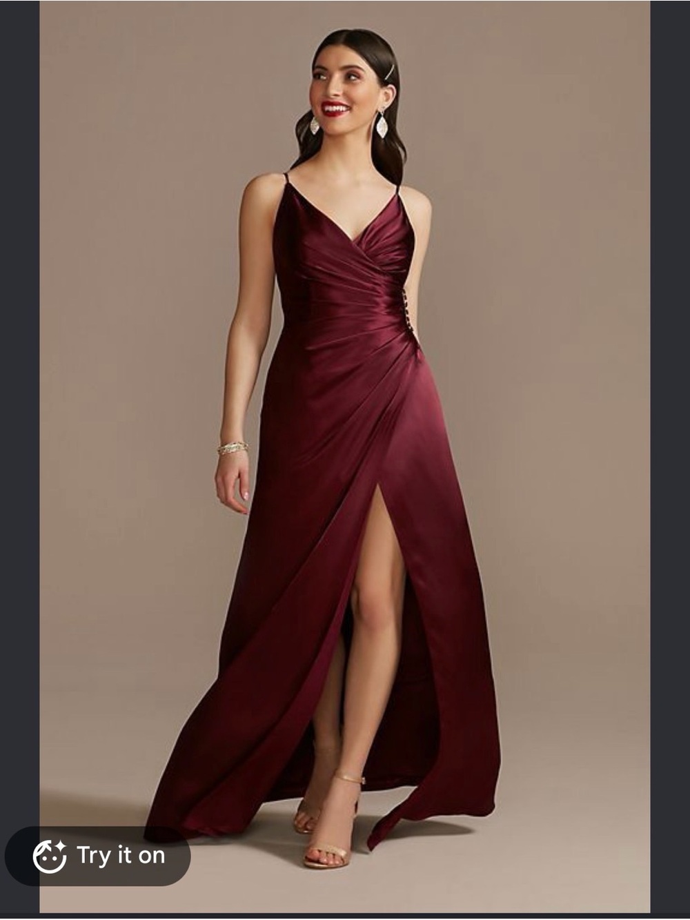 Signature Wine Satin V-Neck Prom Gown with Front Slit